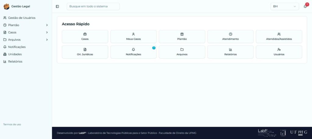 Tela de acesso rápido do Gestão Legal, com atalhos para casos, plantão, atendimento, assistidos, orientações jurídicas, arquivos, relatórios e usuários