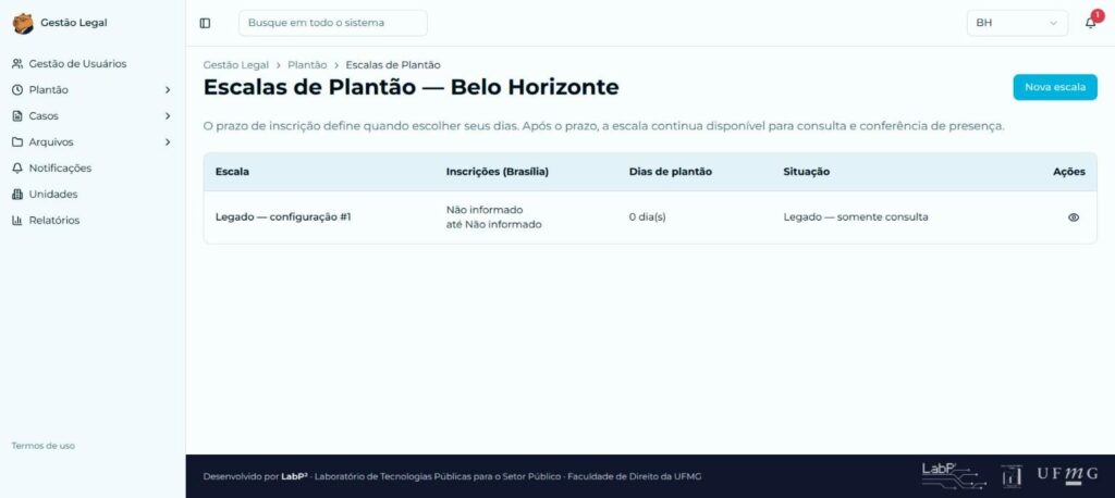 Lista de escalas de plantão da unidade de Belo Horizonte, com período de inscrição, dias de plantão e situação