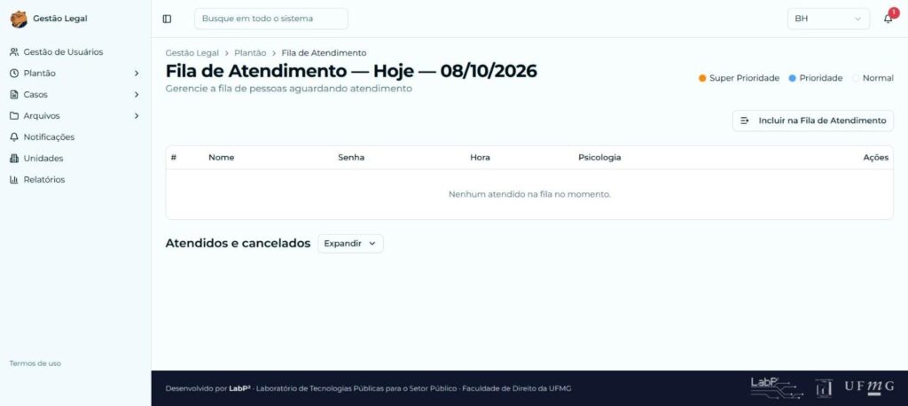 Fila de atendimento do dia, com legenda de prioridades e botão para incluir uma pessoa na fila