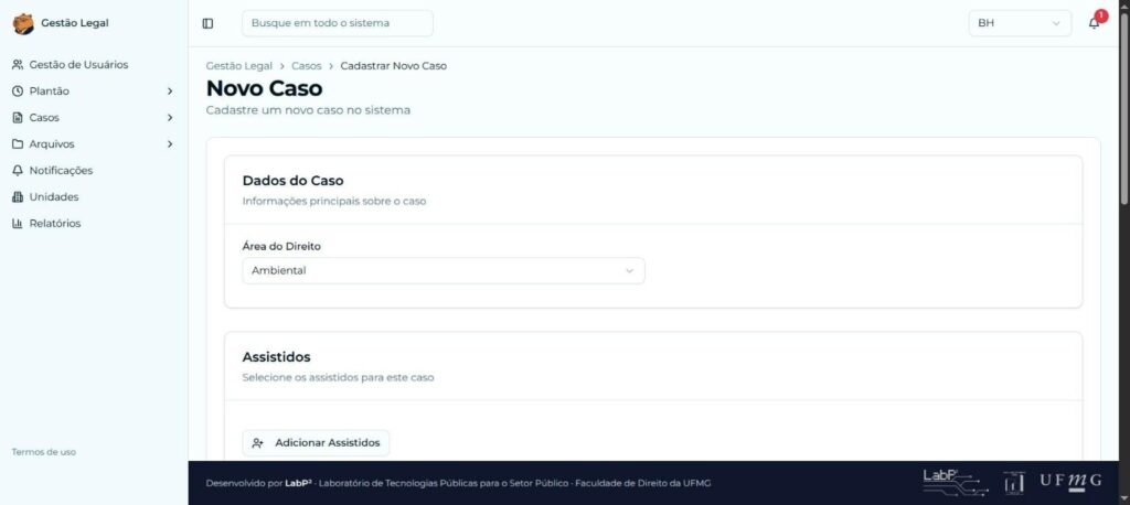 Formulário de cadastro de um novo caso, com a área do Direito e a seleção dos assistidos