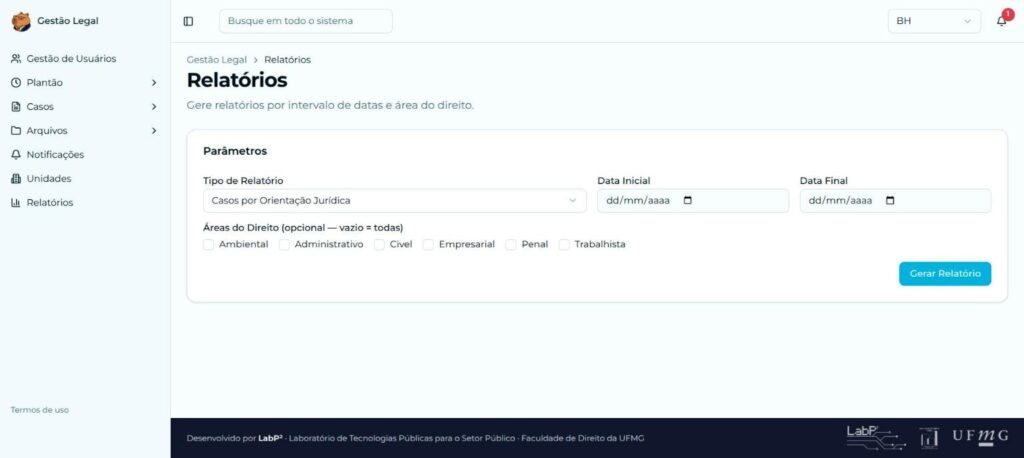 Tela de relatórios, com tipo de relatório, data inicial, data final e áreas do Direito