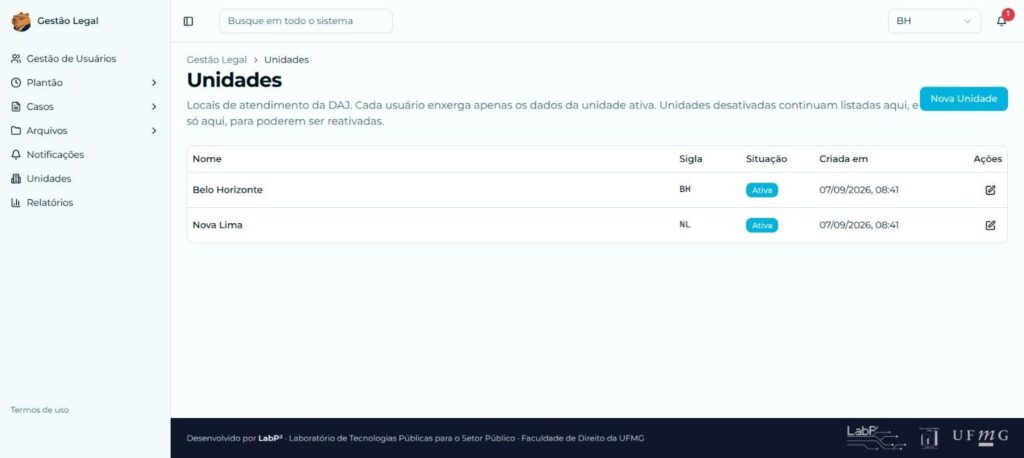 Lista de unidades de atendimento da DAJ, com Belo Horizonte e Nova Lima ativas