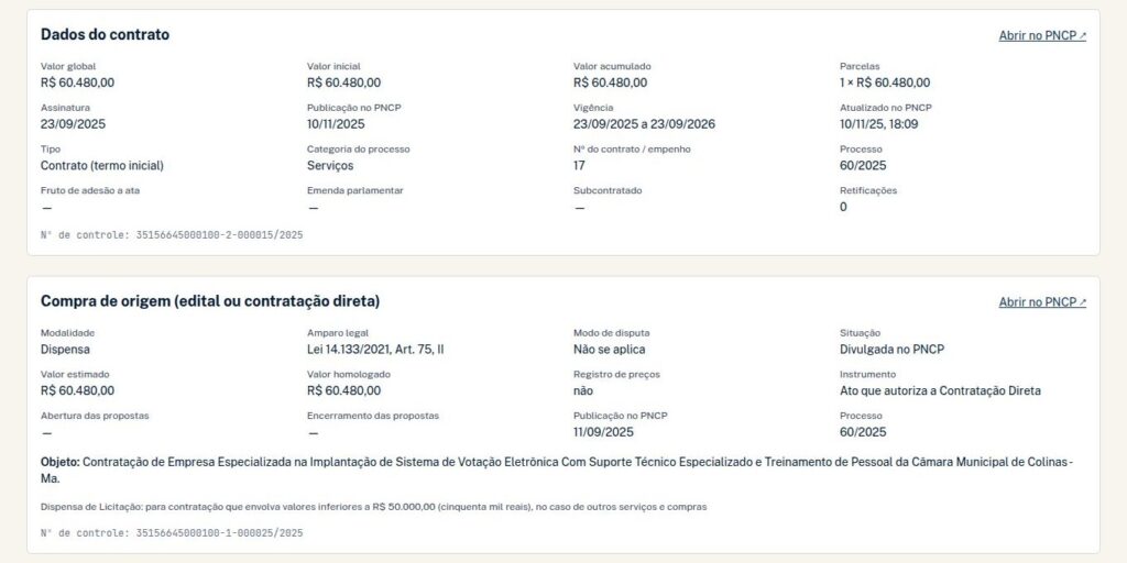 Detalhe de um contrato, com valores, datas, vigência e a compra de origem