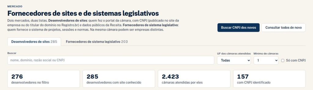 Página de fornecedores, com abas para desenvolvedores de sites e fornecedores de sistema legislativo